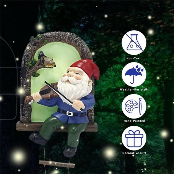 Gnome Tree Hugger, Funny Musical Gnome Garden Sculpture, Whimsical Tree Decor - Picture 3 of 7